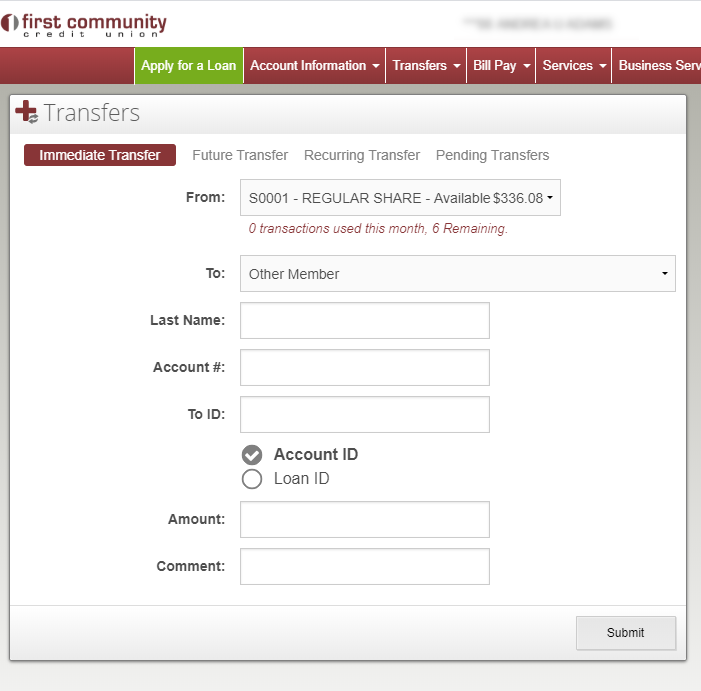 image of the transfers page with a custom entry form for transferring to another member
