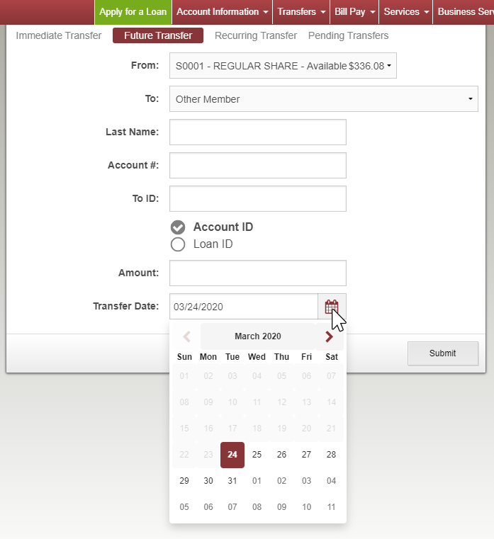 image of future transfers section selected with a calendar date picker expanded