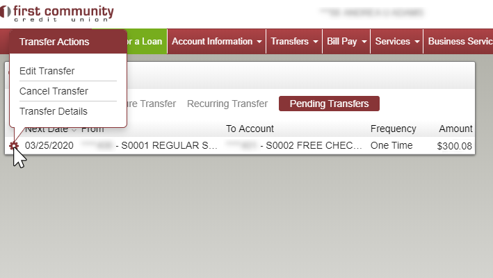 image of pending transfer section with gear clicked on left and menu open above it