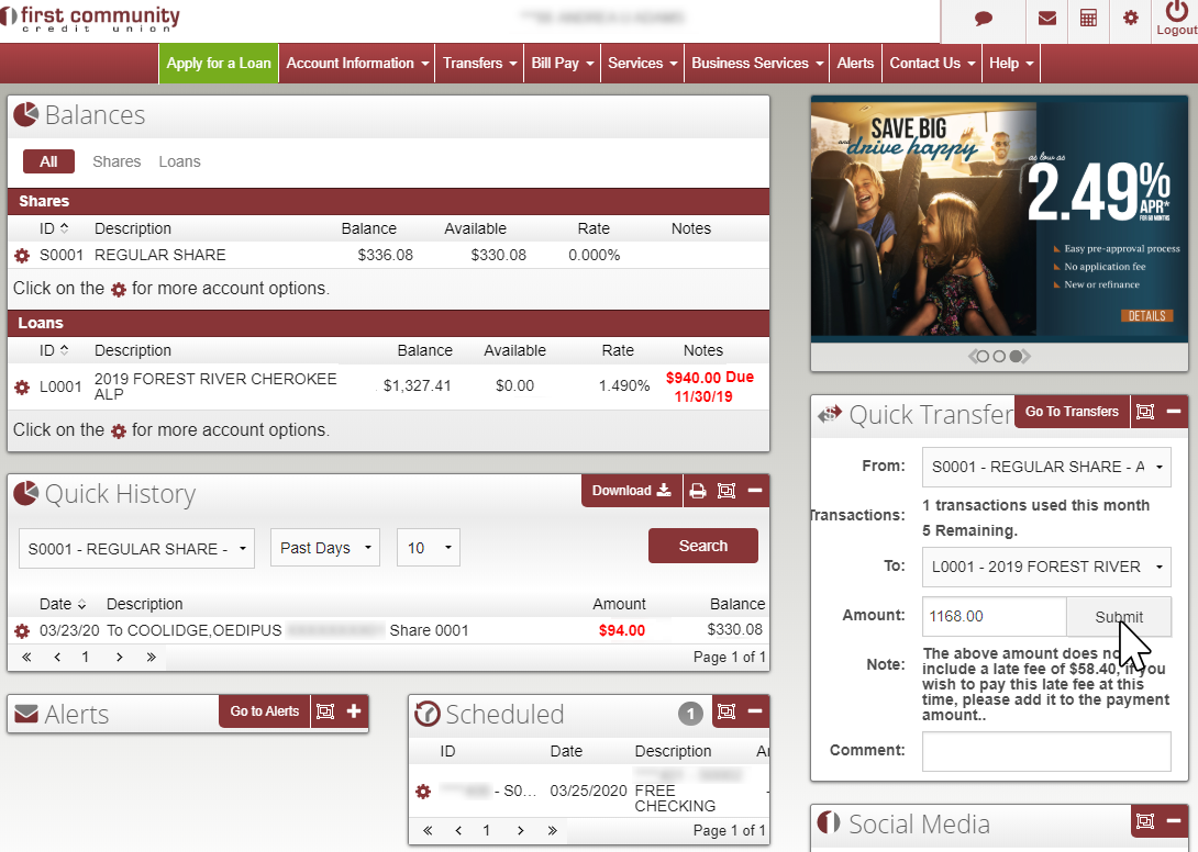 image of balances page with quick transfer box filled out on the right side of the screen