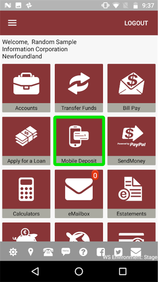 image of mobile app opened, and mobile deposit button indicated the second row and second column of icons